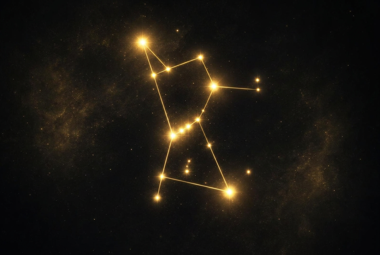 The Orion constellation rendered as glowing golden stars connected by faint lines on a dark sky